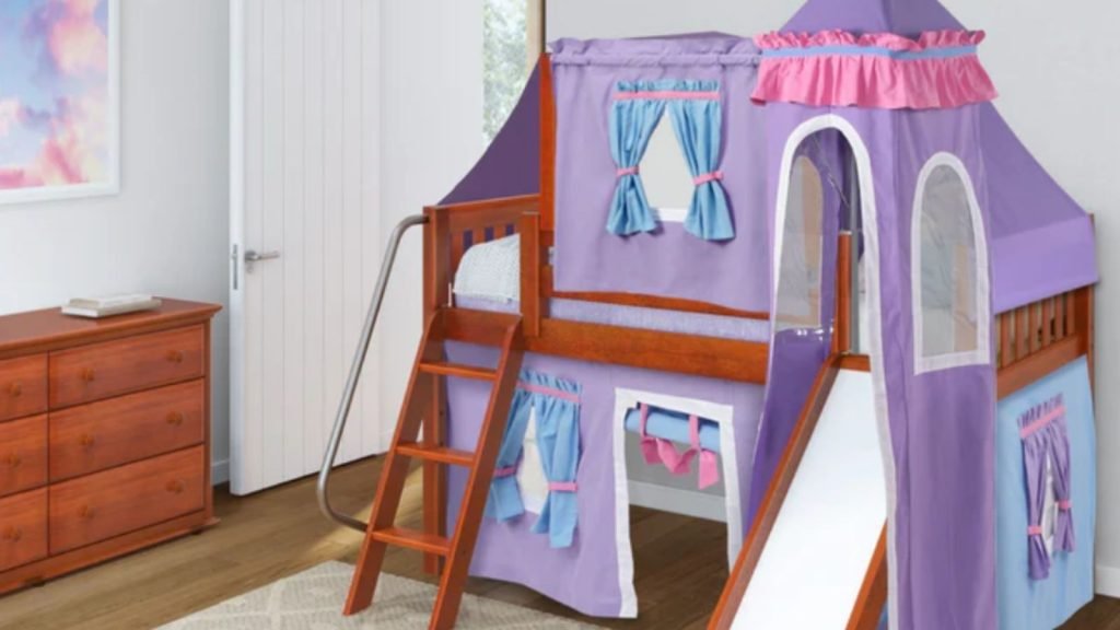 Twin Low Loft Bed with Angled Ladder, Curtain, Top Tent, Tower + Slide, Slat, Chestnut