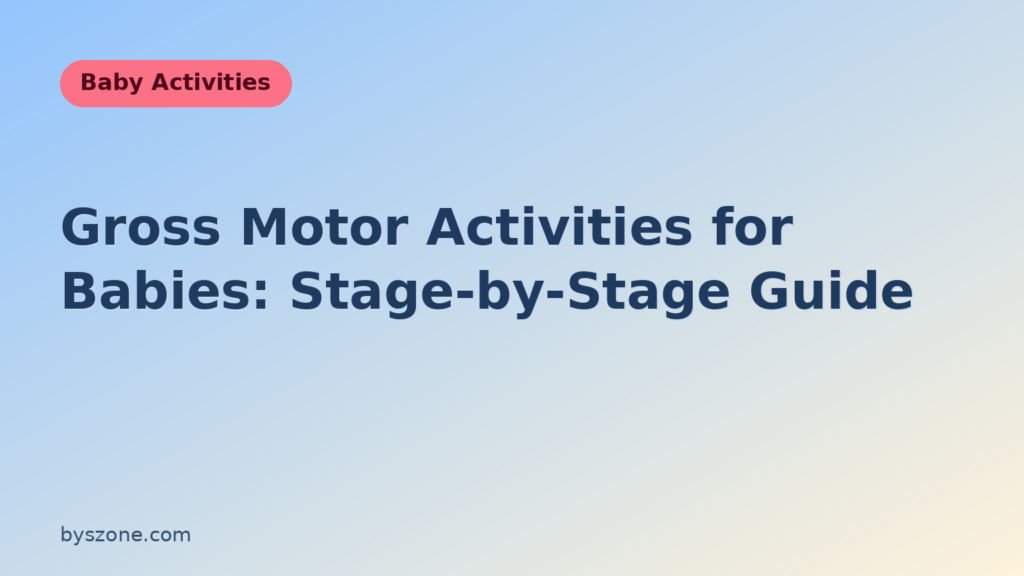 Gross motor activities for babies title card for a stage-by-stage guide on a soft blue background